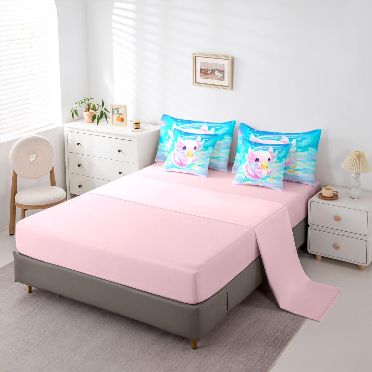 Erosebridal Dreamy Axolotl Queen Bedding Set for Kids Girls Teens Cute Axolotl Comforter Set with Flat and Fitted Sheet Cartoon Stars Blue Sky 7-Piece Bed in a Bag Rainbow Colorful Cloud Quilt Sets