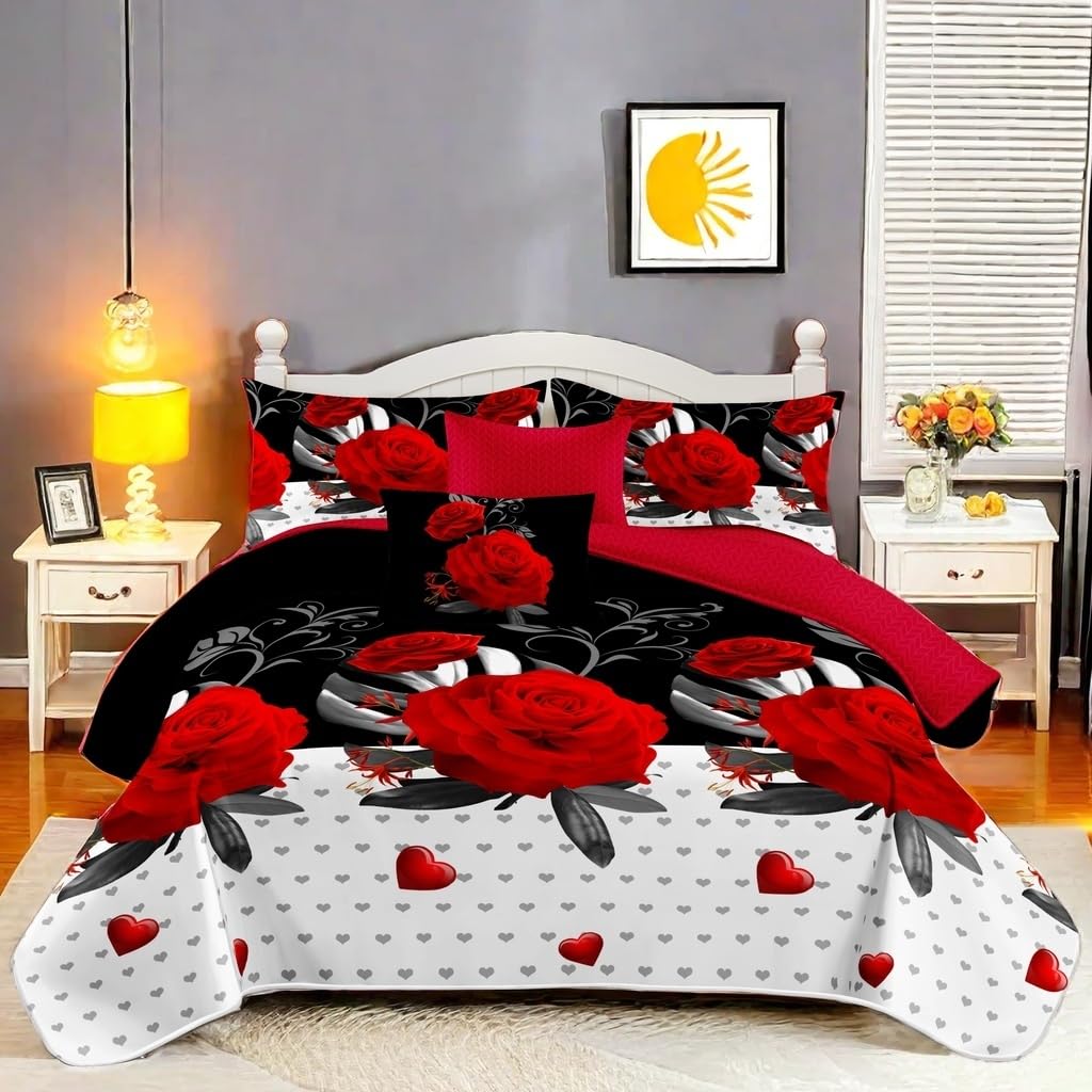 Elegant Red Rose Floral King Light Comforter Set, Luxury 9-Piece Bed in a Bag King Bedspread with Matching Curtains Ultra Soft & Breathable Botanical Bedding, All-Season Decor for Master Suite