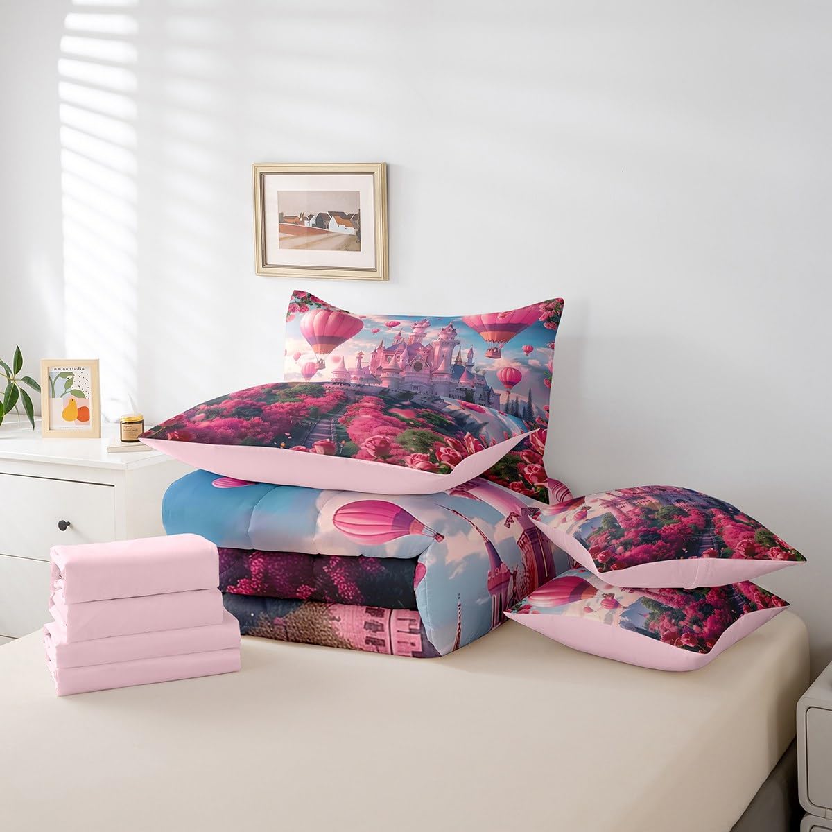 Erosebridal Kids Dreamy Castle Comforter Set King,Sea of Rose Flowers Bedding Set 7Pcs for Girls Teens,Funny Hot Air Balloon Print Bed in a Bag,Floral Leaves Botanical Quilt