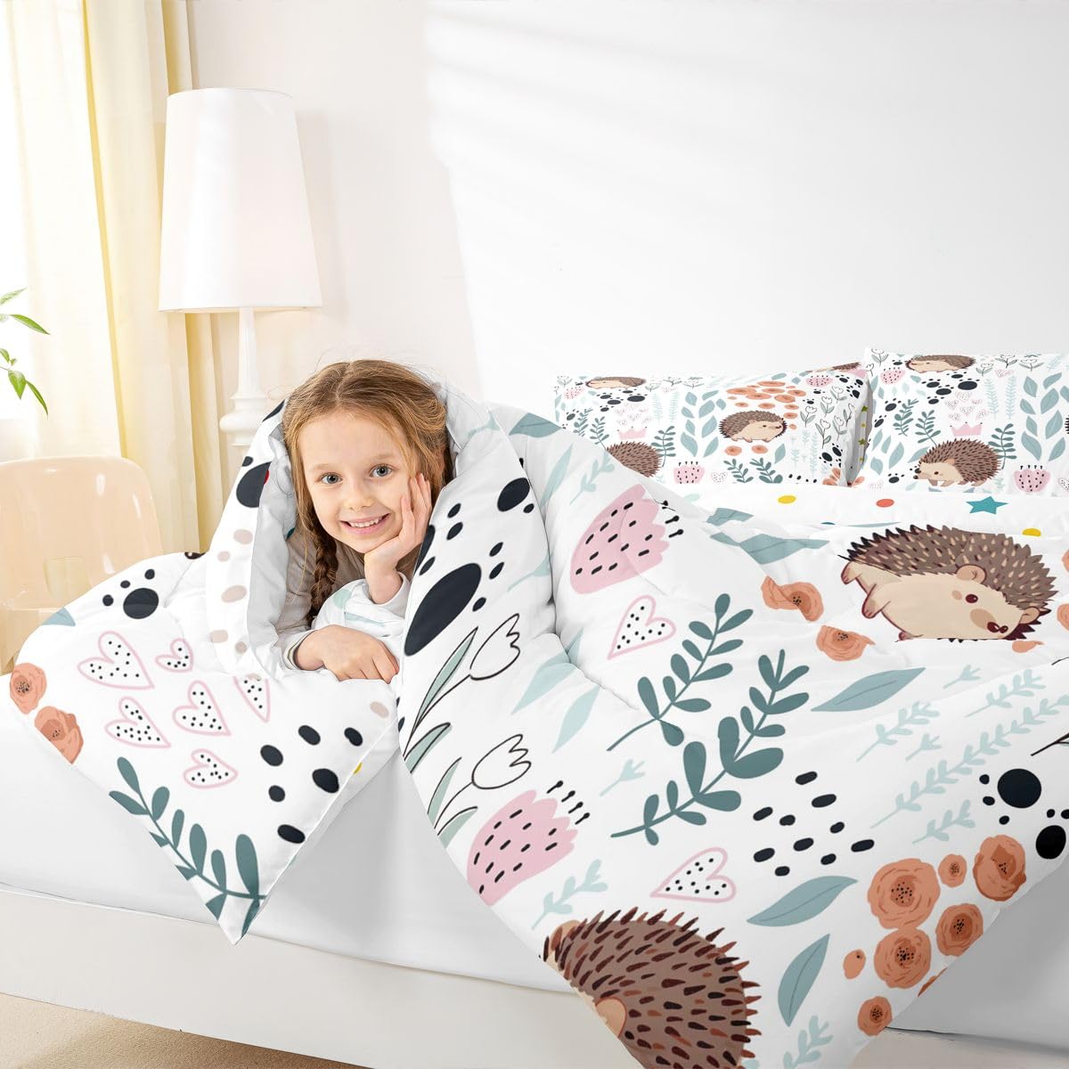 Erosebridal Kawaii Hedgehog Bedding Set Twin,Cartoon Hedgehog Comforter Set for Kids Girls Boys,Cute Love Heart Leaf Flower Comforter Set,Paw Print Animal Quilt Bed Set with 1 Pillow Case