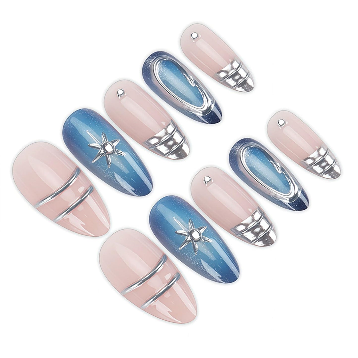 RUOKEXIN Almond Press on Nails French Tip Fake Nails Medium False Nails with 3D Designs Silver Nail Press ons Sparkly Artificial Nails for Women 24Pcs