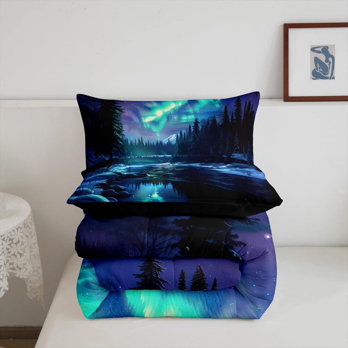 Manfei Northern Lights Kids Comforter Set Twin Size,Pine Trees River Natural Bedding Set Room Decor,Romantic Mysterious Magical Quilt Comforter,Blue and Green Duvet Set Bedroom Quilt Set,1 Pillowcase