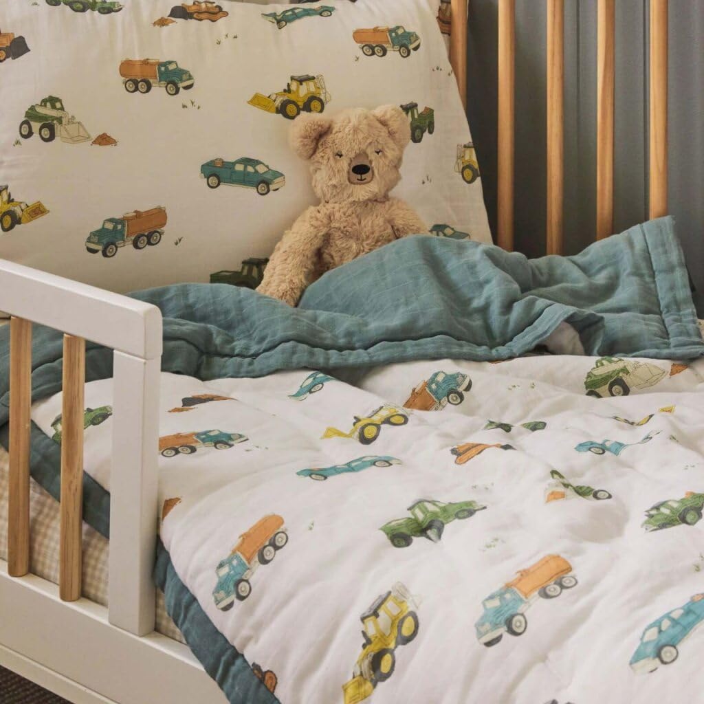 Little Unicorn Muslin Comforter Blanket | Soft & Breathable Muslin Fabric | 36"x50" | 100% Cotton | Crib & Toddler Bed Blanket (Work Trucks)