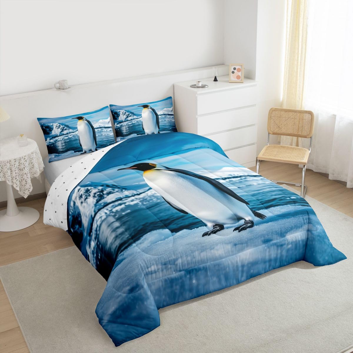 Erosebridal Penguin Kids Comforter Sets Glacier Snow Queen Bedding Set for Boys Girls Cloud Blue Sky Wild Animals Print Comforter Set,Antarctica Landscape Quilt Duvet 3 Pcs
