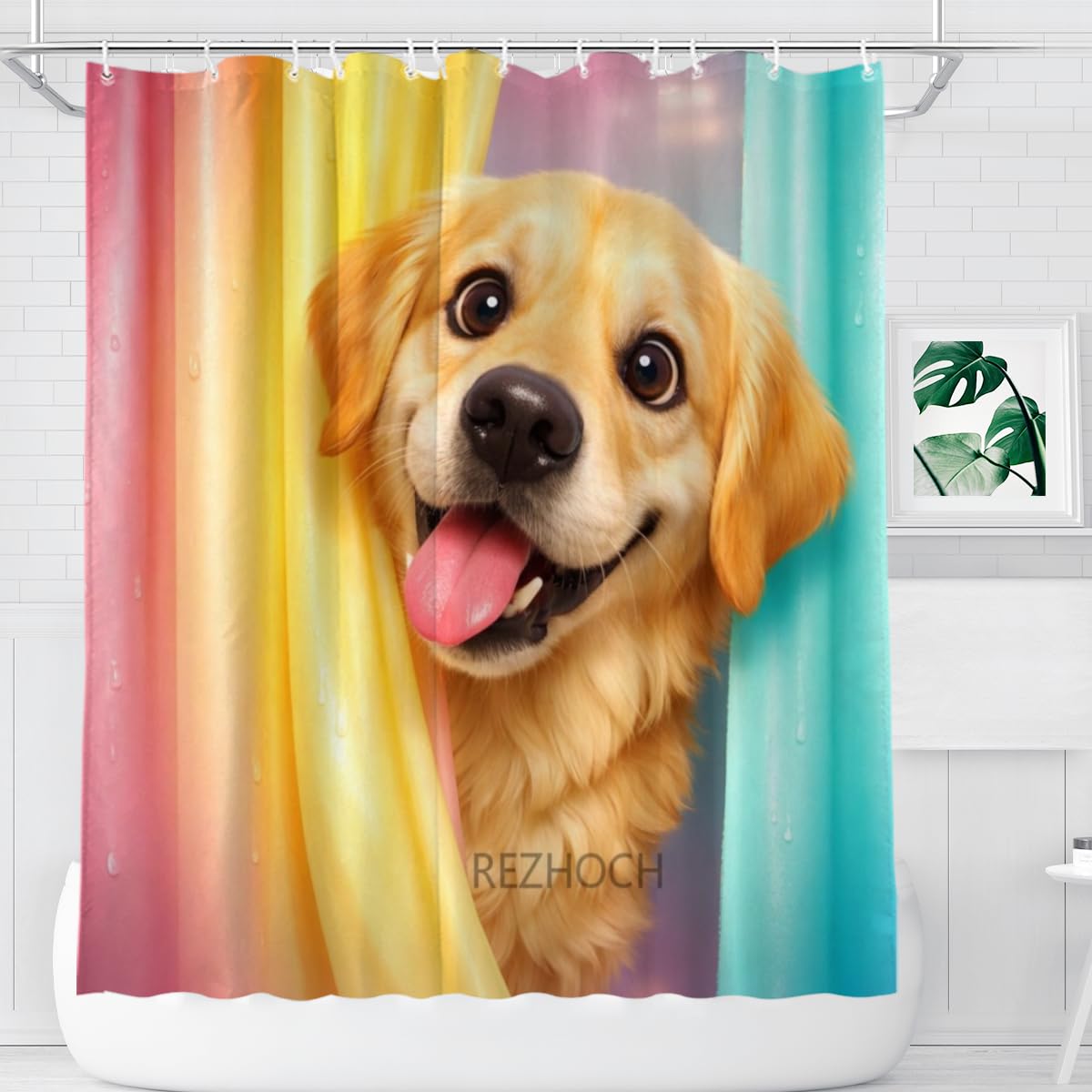 REZHOCH Funny Golden Retriever Shower Curtain 72x72Inch,Cute Dog Peeking Bath Curtain,Animal Colorful Pastel Kids Girls Gift Waterproof Fabric 3D Modern Home Bathroom Decor with Hooks