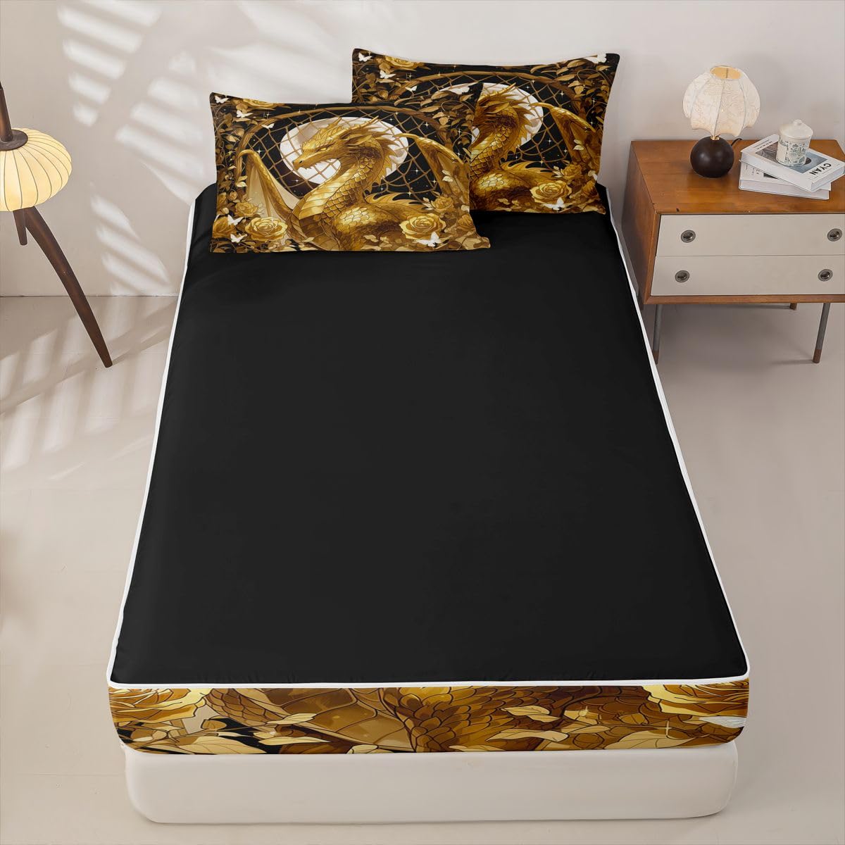 jejeloiu Flying Dragon Zipper Bedding for Kids Twin Size Gold Rose Floral Bed in a Bag with Sheets, Comforter, Pillowcases Fantasy Animal Comforter Set for Boys Girls Ancient Wildlife Beddingh Sets