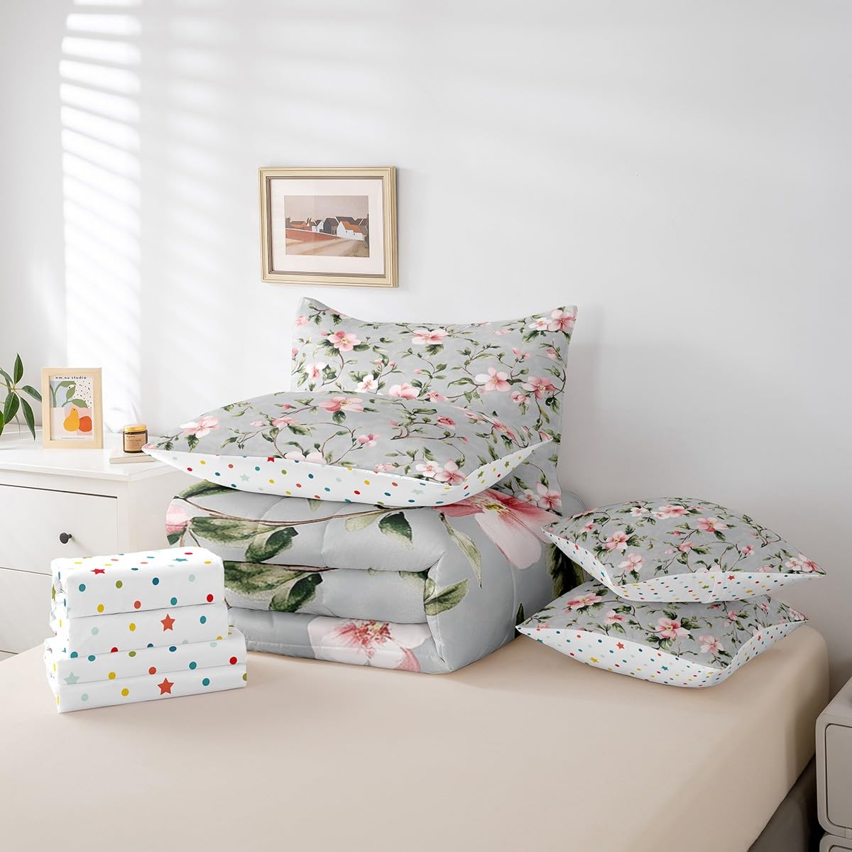 Erosebridal Hibiscus Comforter Set 7 Piece Bed in a Bag Twin,Garden Floral Tropical Plant Bedding Sets Botanical Shrubalthea Sheet Set with Comforter,Hibiscus Syriacus Tree Branches Leaf Bed Set