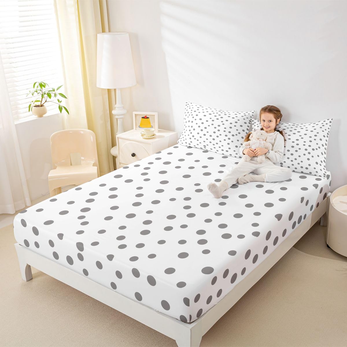 jejeloiu Polka Dots Fitted Sheet with 2 Pillowcases Full Size White Gray Bed Sheets Set 16" Deep Pocket Boys Girls Circles Geometric Bedding Modern Simple Teens Bedroom Decor Breathable Soft