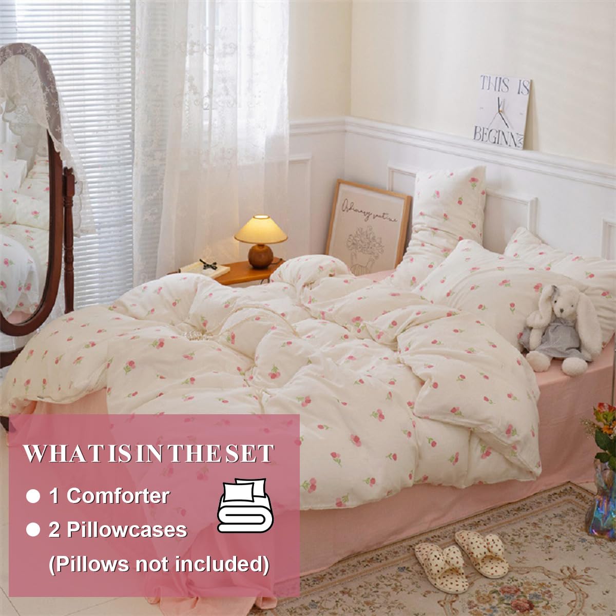 Erwinmu Floral Comforter Set King Size - 3 Pieces Pink White Floral Comforter Bedding Sets Tulips Pattern,King Bed in a Bag with Heart Comforter and 2 Pillowcases
