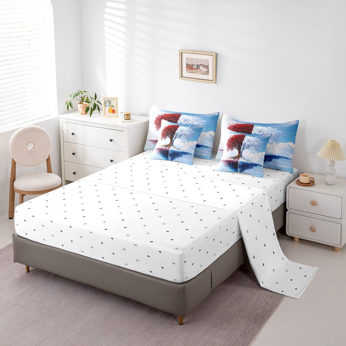 Red and White Tree Branches Pattern 7 Pieces Bedding Set Twin Size Kids Leaf Branches Bed in a Bag with Comforter, Pillowcases Ice Mountain Bed Set Breathable Botanical Room Comforter Set with Sheets