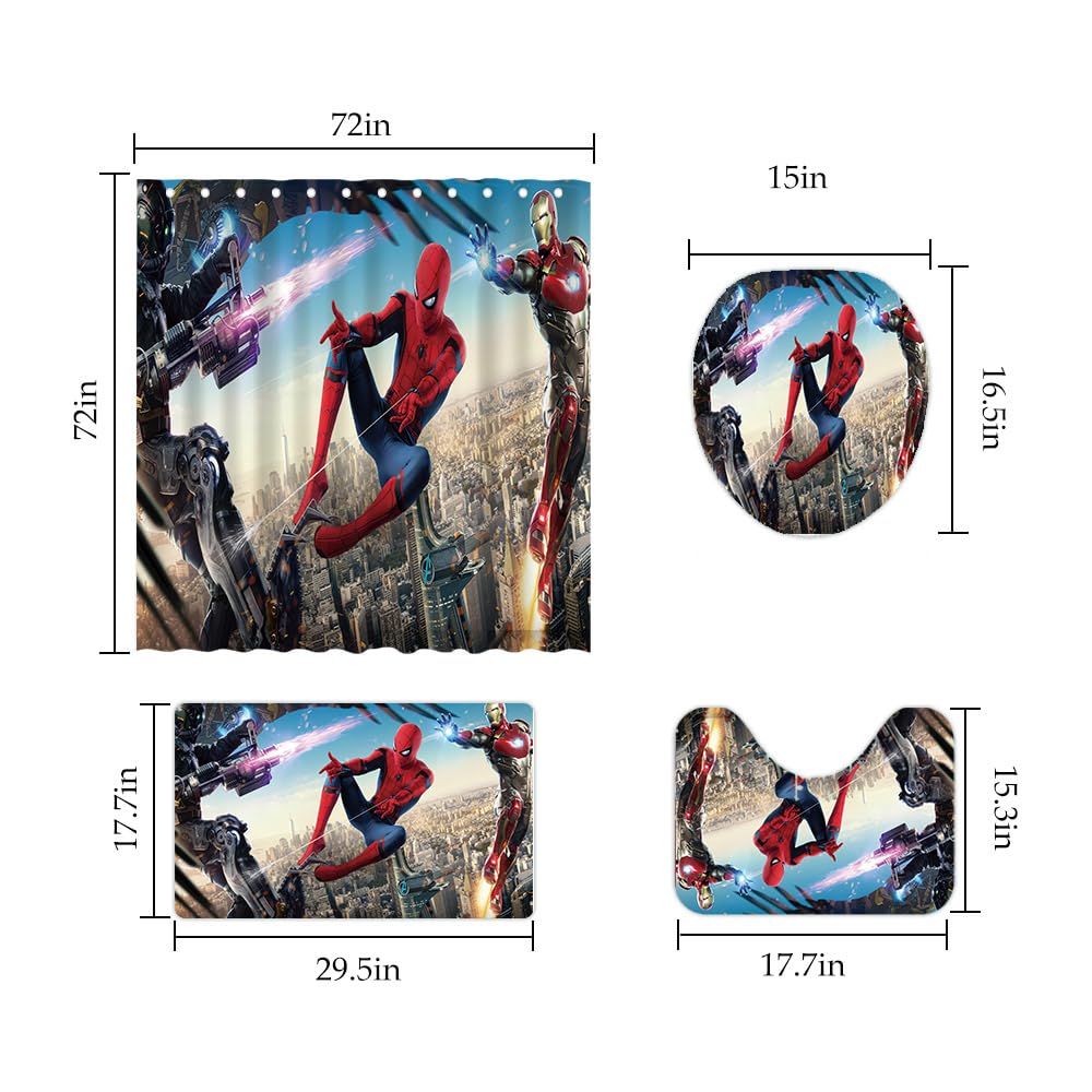 DIOSN Cute Spidey Shower Curtain Set 4 Piece with Non-Slip Rugs, Toilet Lid Cover and Bath Mat Cartoon Bathroom Decor 72 x 72inch (Spider)