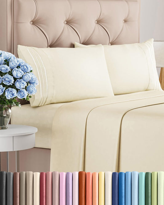 Queen Size 4 Piece Sheet Set - Comfy Breathable & Cooling Sheets - Hotel Luxury Bed Sheets for Women and Men - Deep Pockets, Easy-Fit, Soft and Wrinkle Free Sheets - Off White Oeko-Tex Bed Sheet Set