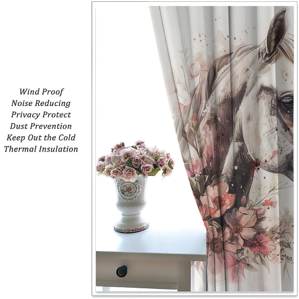 SOPIYRIO Retro Floral Horse Blackout Window Curtains Beautiful Flower Abstract Animal Rod Pocket Curtains for Bedroom Thermal Insulating Drapes for Living Room 2 Panels 21 W x 45 L inch