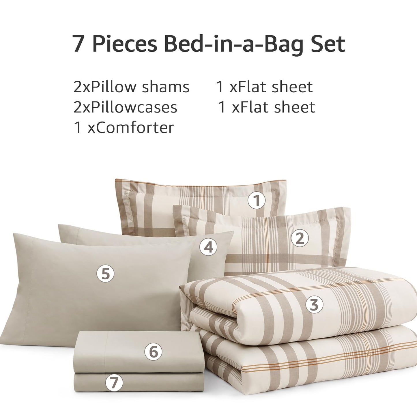 MaiRêve Queen Comforter Set Brown Grey, Classic Plaid Farmhouse Bedding Sets 7 Pieces, All Season Lightweight Bed in a Bag with Sheets, Pillowcases & Shams