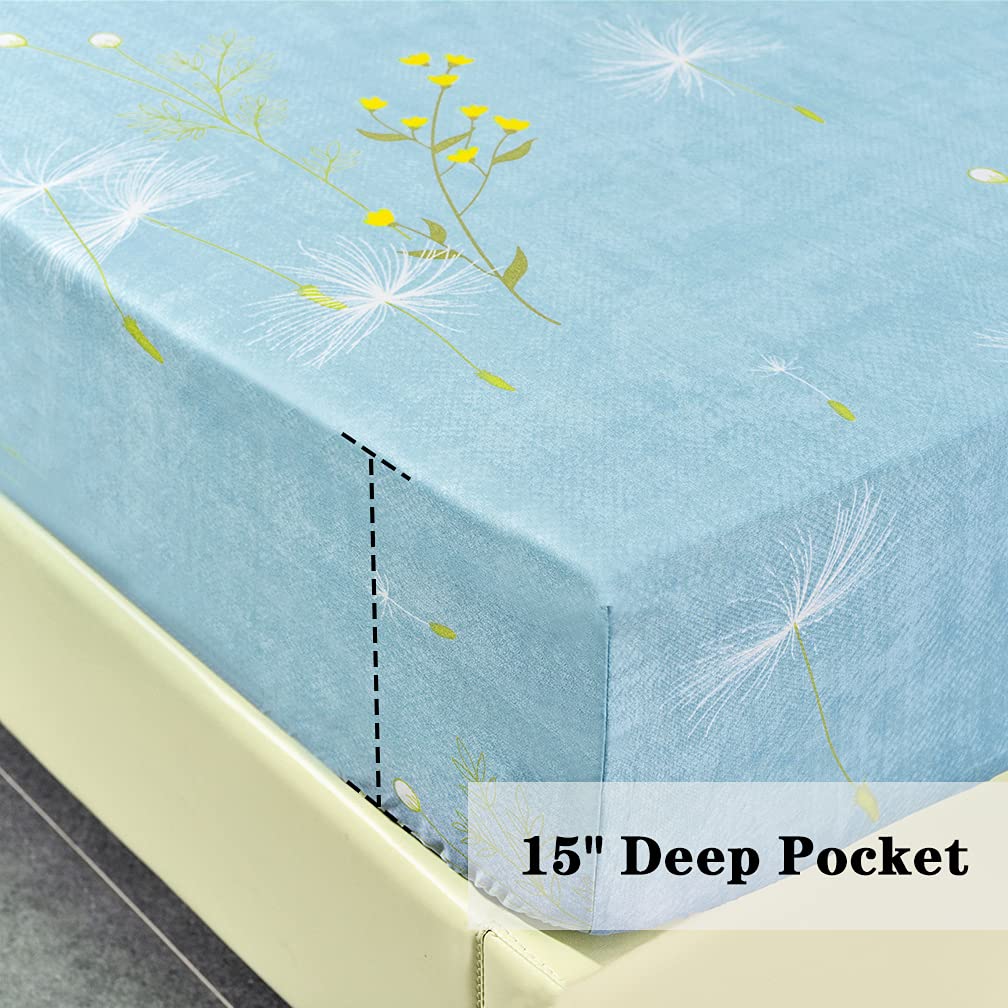 JSD Dandelion Floral Print Sheet Set Queen, 4 Piece Soft Botanical Microfiber Sheets Deep Pocket