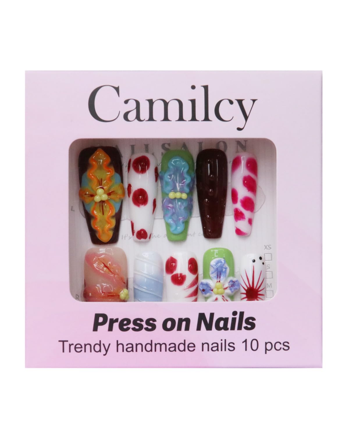 CAMILCY Handmade Press on Nails Long Coffin Glossy 3D Floral Luxury Fake Nails Red Brown Acrylic Nails Art for Women Daily Party Handcrafted Artisan10pcs Nails (B21, M)