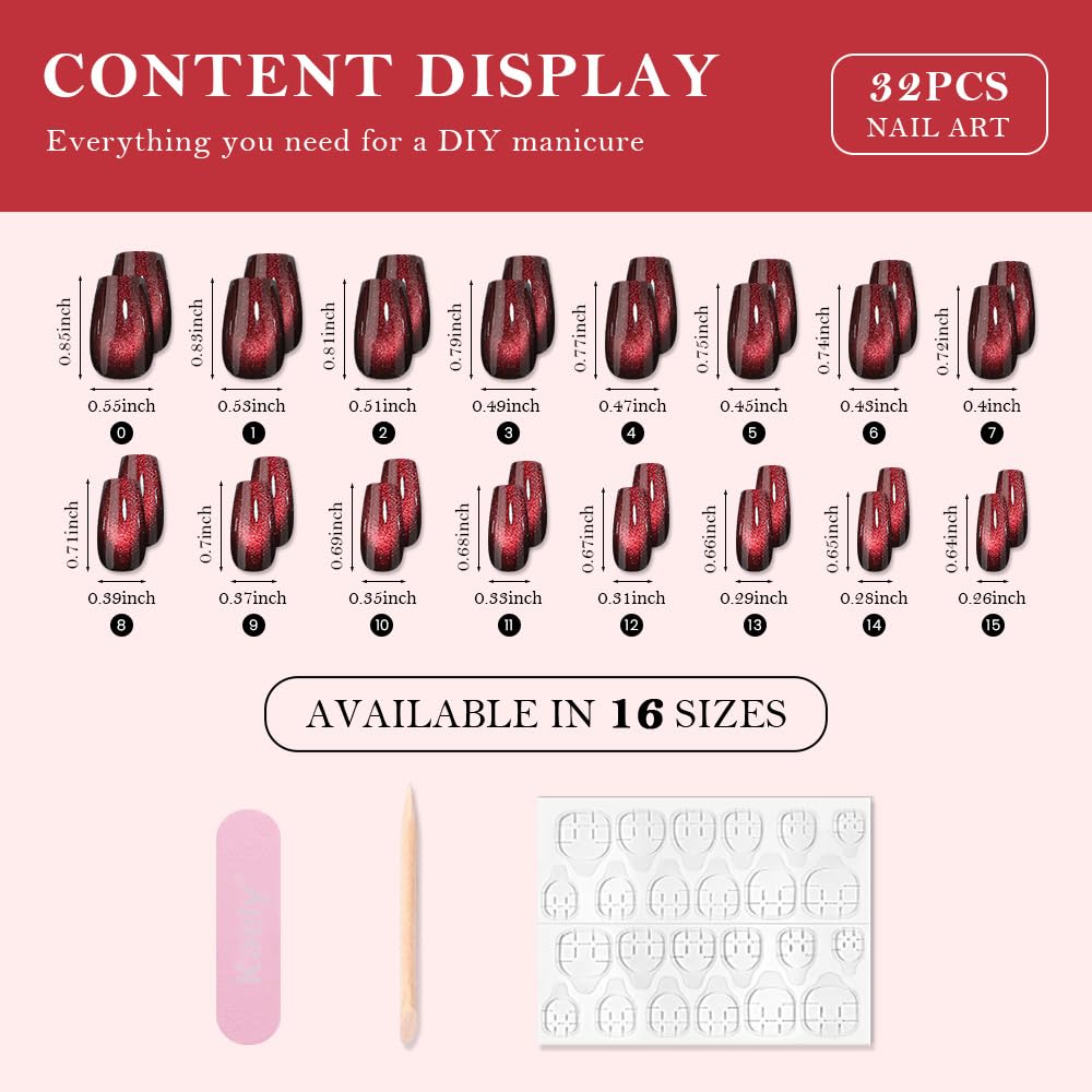 evpct Deep Burgundy Red Cat Eye Press on Nails Square Medium Coffin No Glue, Medium Square Stick on Nails for Women, Dark Red Metallic Glitter Glossy Reusable Spring Summer Press on Acrylic Fake Nail