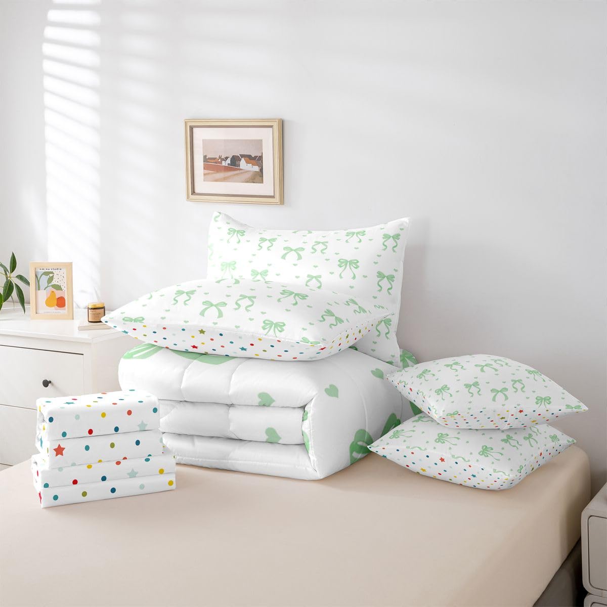 Erosebridal Coquette Bowknot Full Comforter Set Bow Tie 7 Pieces Bedding Bow Decor Bed Set with Sheets Preppy Princess Bed in A Bag Bedroom Decor