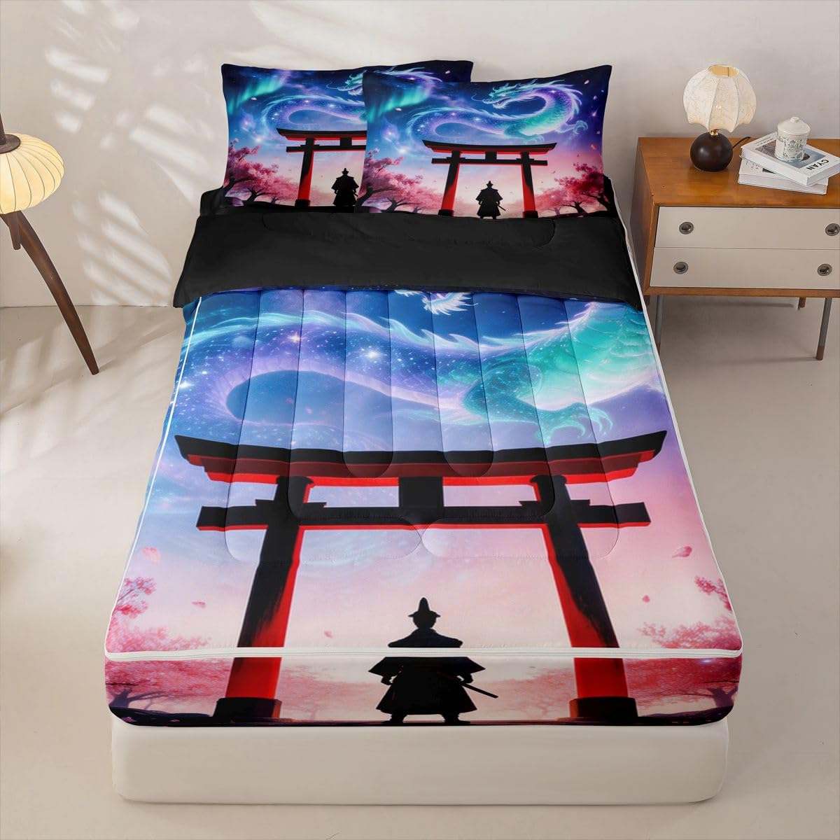 jejeloiu Dragon Twin Zipper Bedding Set Japanese Style Samurai Kids Comforter Set with Fitted Sheet and 2 Pillowcases Outer Space Galaxy Bed in a Bag Romantic Exotic Zip Up Bedding Soft Microfiber
