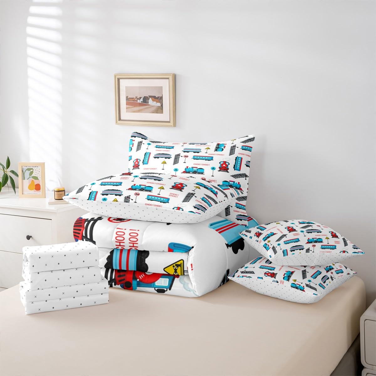 jejeloiu Tramcar Comforter Set with Sheets 7 Piece Twin Size Cartoon Car Bed in a Bag Kids Boys Girls Wired Trolley Car Bedding Set Bedroom Decor Breathable Soft Lightweight Microfiber