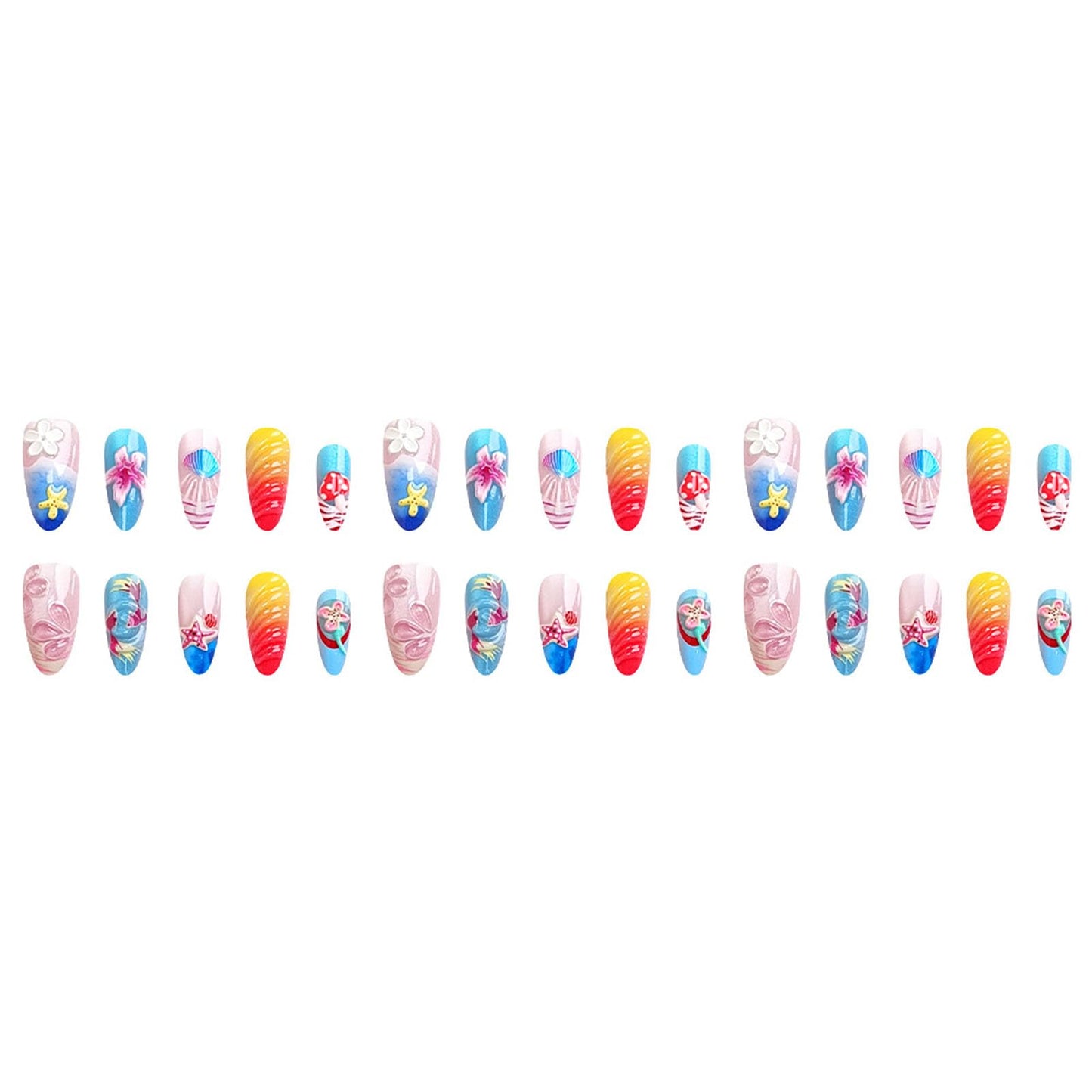 RUOKEXIN Almond Press on Nails French Tip Fake Nails Beach False Nails with 3D Flower Shell Designs Medium Nail Press ons Summer Sparkly Artificial Nails for Women 30Pcs