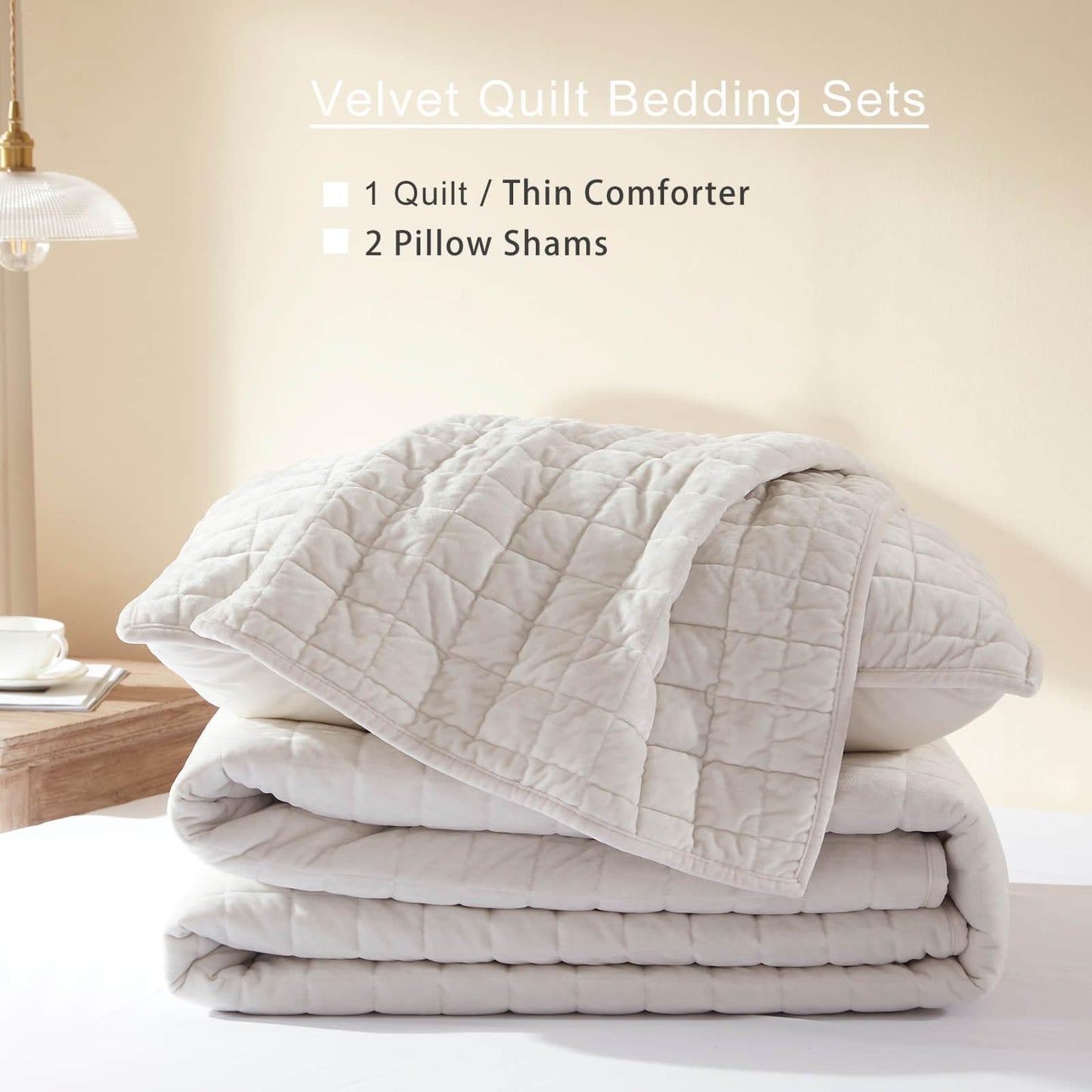 LEAONME Velvet Quilt California King-118''x106'', Lightweight White Velvet Comforter Set with 2 Pillow Shams, Soft Oversized Bedspread Coverlet Quilted Bedding Set for All Season