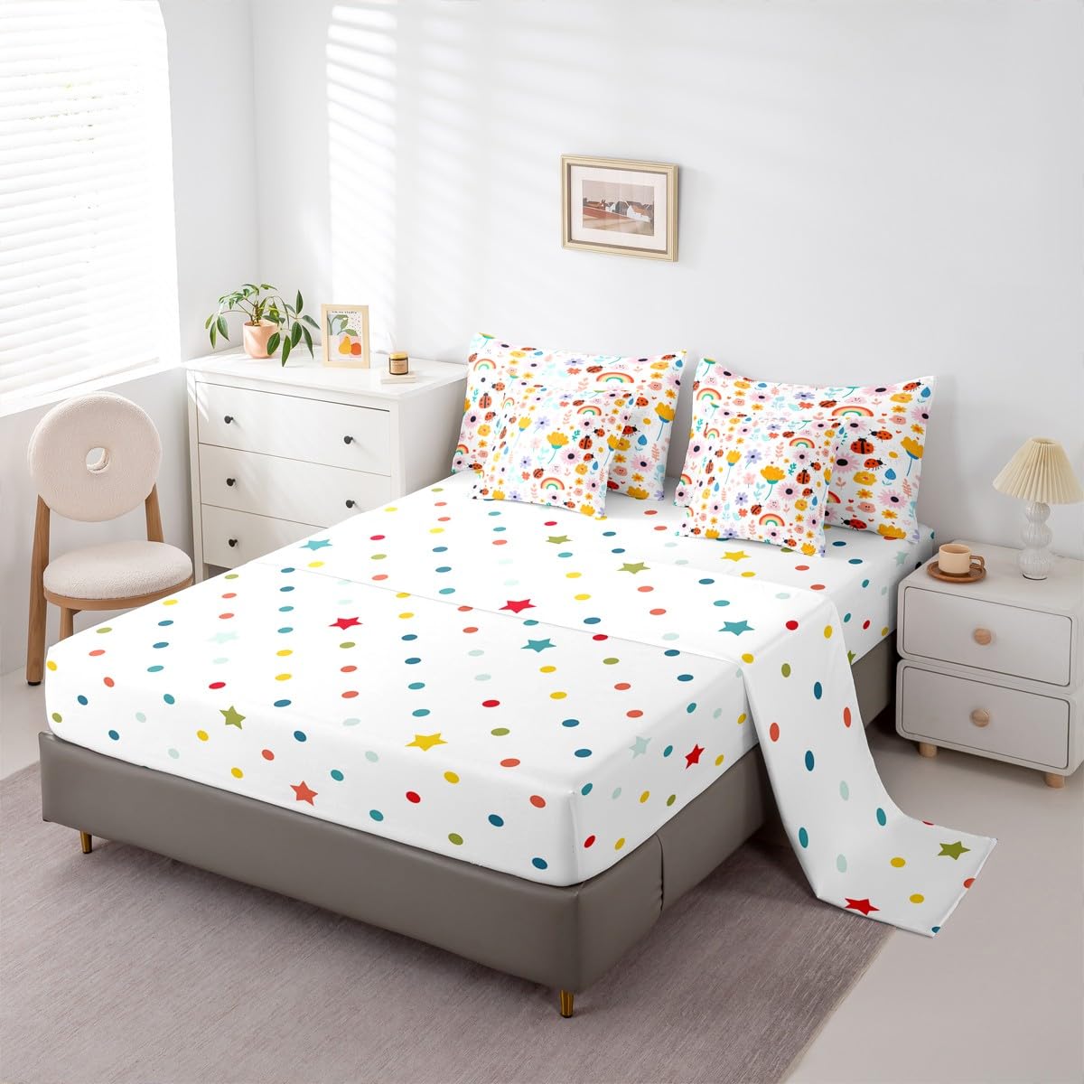 Feelyou Floral Queen Comforter Set with Sheets for Kids Boys Girls Butterfly 7 Pieces Bedding Set Cute Bed in a Bag Rainbow Room Decor Garden Plant Soft Lightweight Microfiber