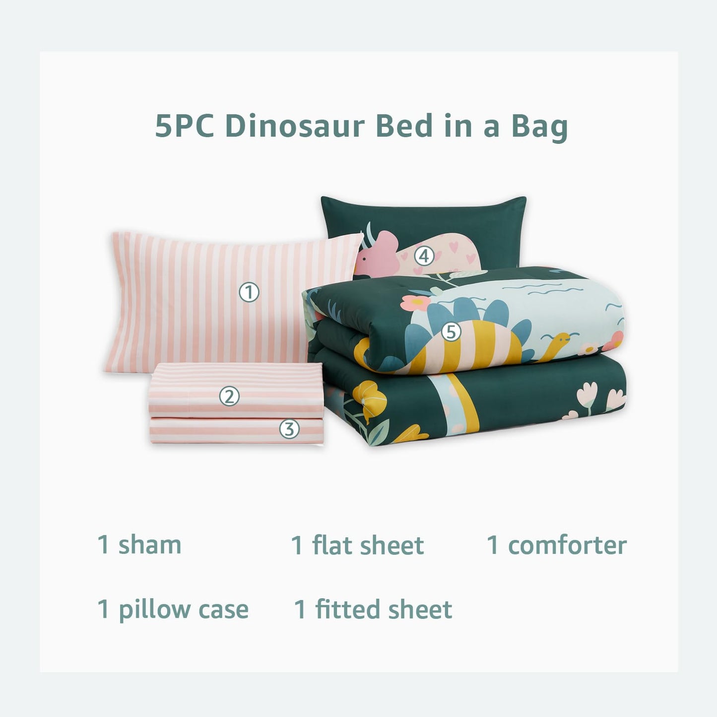 AMBERSPACE Twin XL Comforter Set for Girls, Dinosaur Kids Bedding Set with Cute Floral, All Season Boys Teen Bed in a Bag Dorm 5 Pieces with Sheets, Pillowcase & Sham