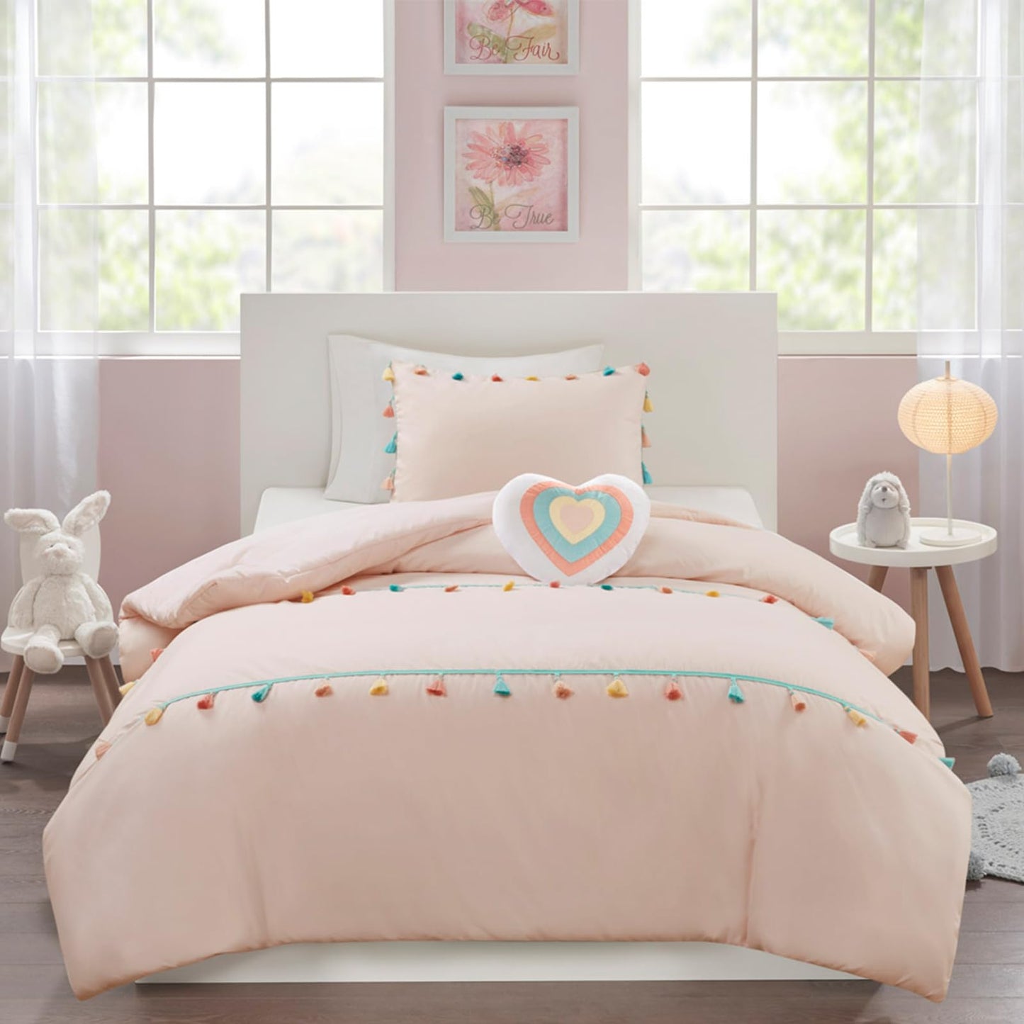 Intelligent Design Kids Twin Comforter Set for Girls, Pink Twin Comforter Set, Tessa Adorable Twin Bedding Sets for Girls, Fun Pom Pom Tassel, Sham, Boho Heart Throw Pillow, Twin, Blush 3 Piece