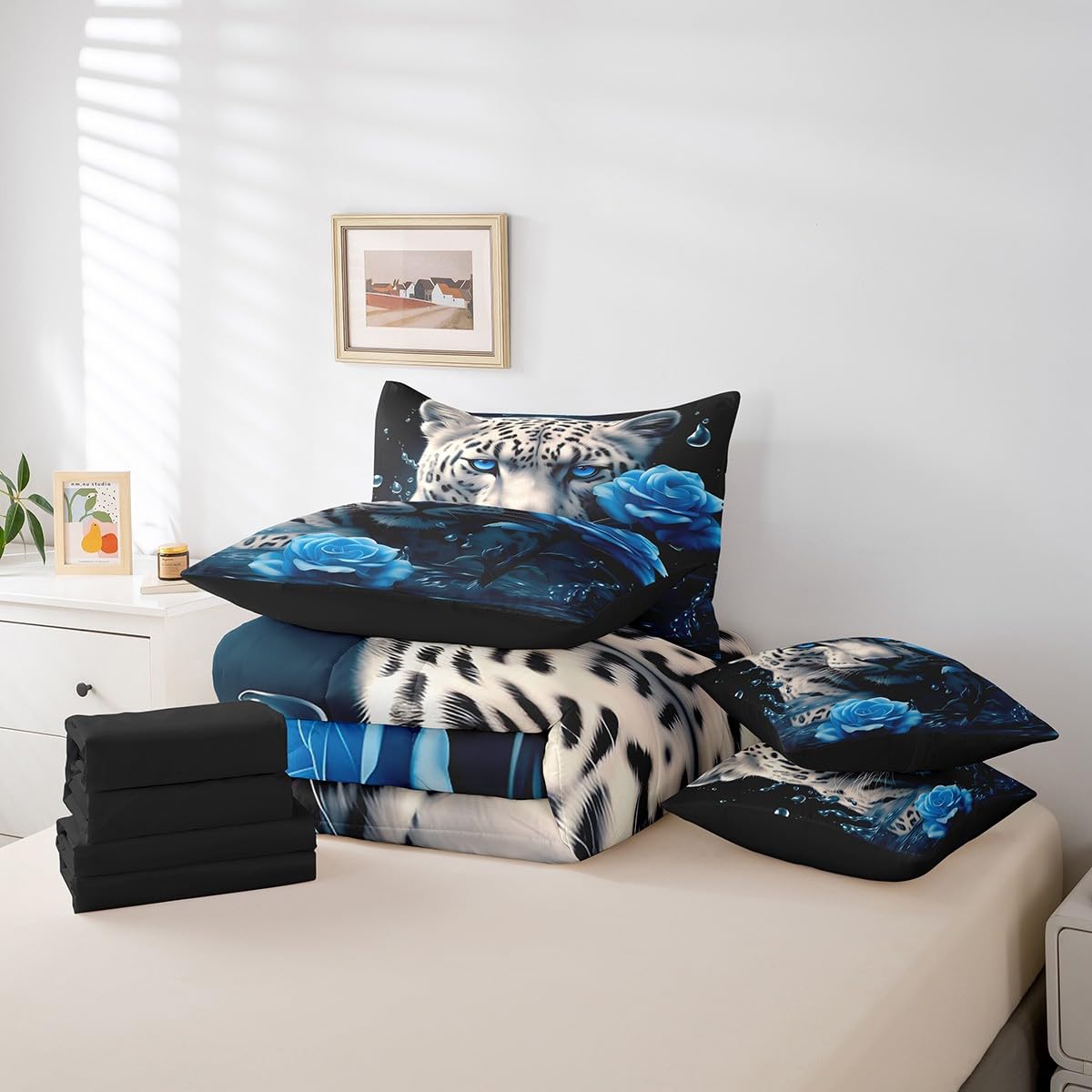 Feelyou Blue Rose 7 Piece Bedding Set for Adult Couple Full Size White Leopard Comforter Set with Sheets Boys Girls Romantic Bed in a Bag Floral Flower Bed Set