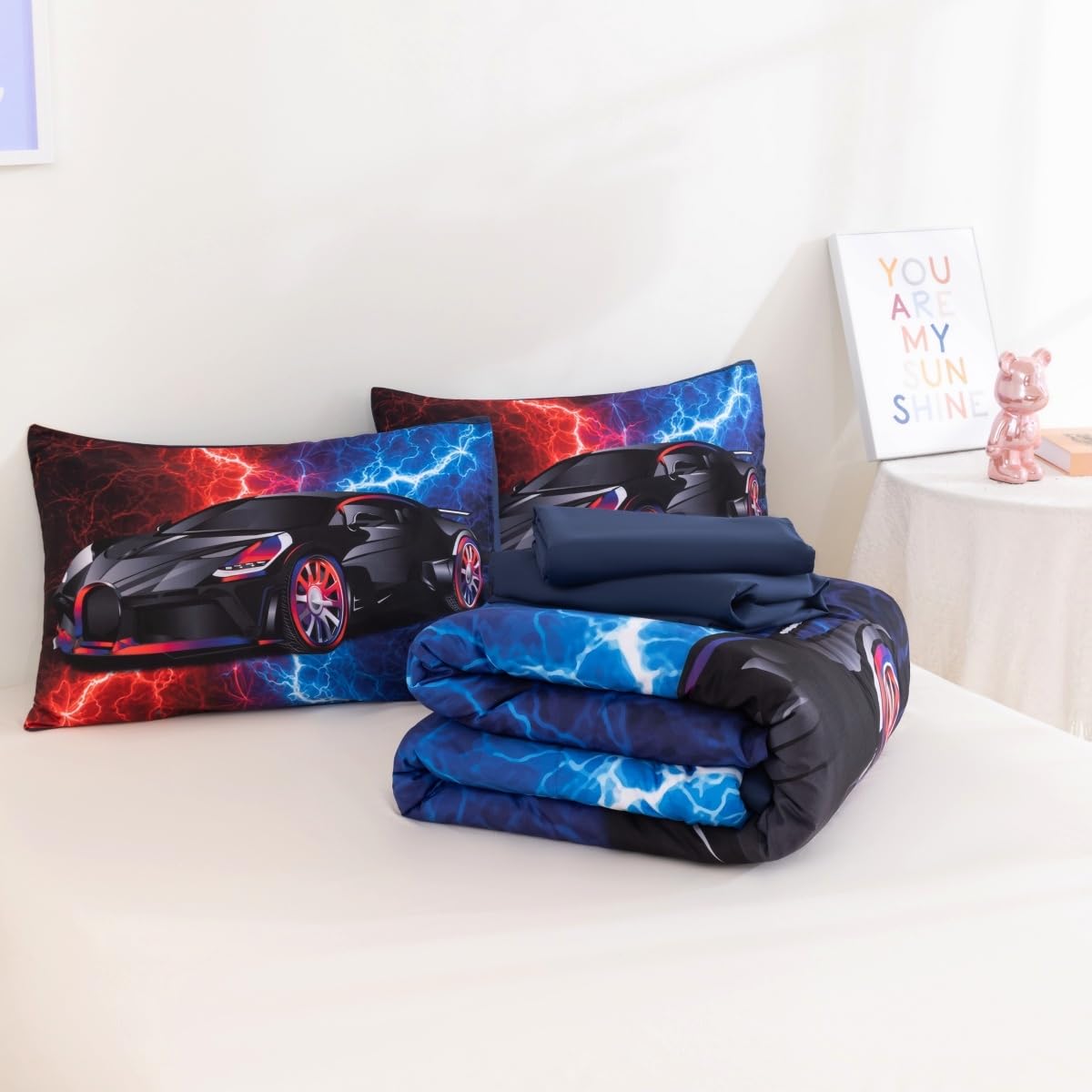 Podol 5 Pieces Race Car Comforter Set Full Size Red and Blue Sports Car Bedding Sets for Boy Tie Dye Lightnings Bed in a Bag with 1 Comforter, 2 Pillowcases, 1 Flat Sheet and 1 Fitted Sheet