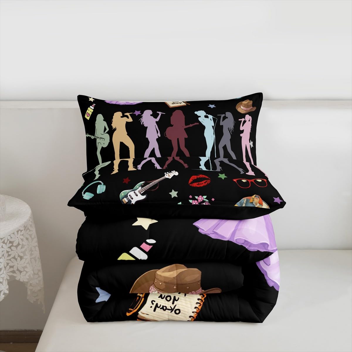 Erosebridal Music Theme Bedding Set Full Girls Singer Comforter Set for Kids Boys Girls Black Musicl Aesthetics Bedding Comforter Sets Music Lovers Gifts Quilt Duvet