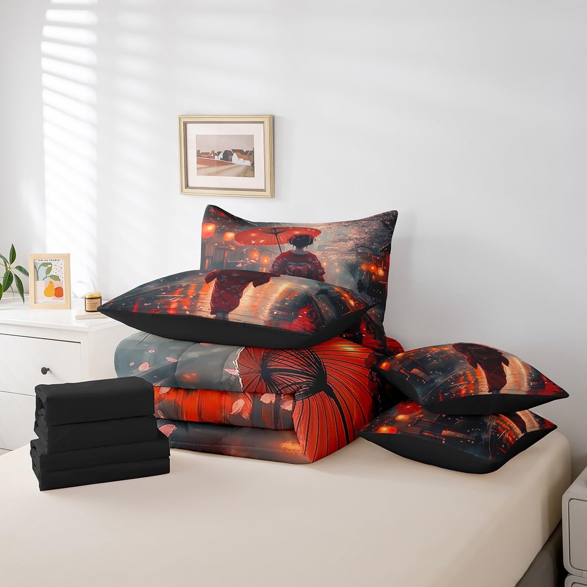 Erosebridal Japanese Comforter Set Twin,Cherry Blossom Bedding Set 7Pcs for Kids Teens Adults,Aesthetic Watercolor Quilt,Ancient Style Bed in a Bag