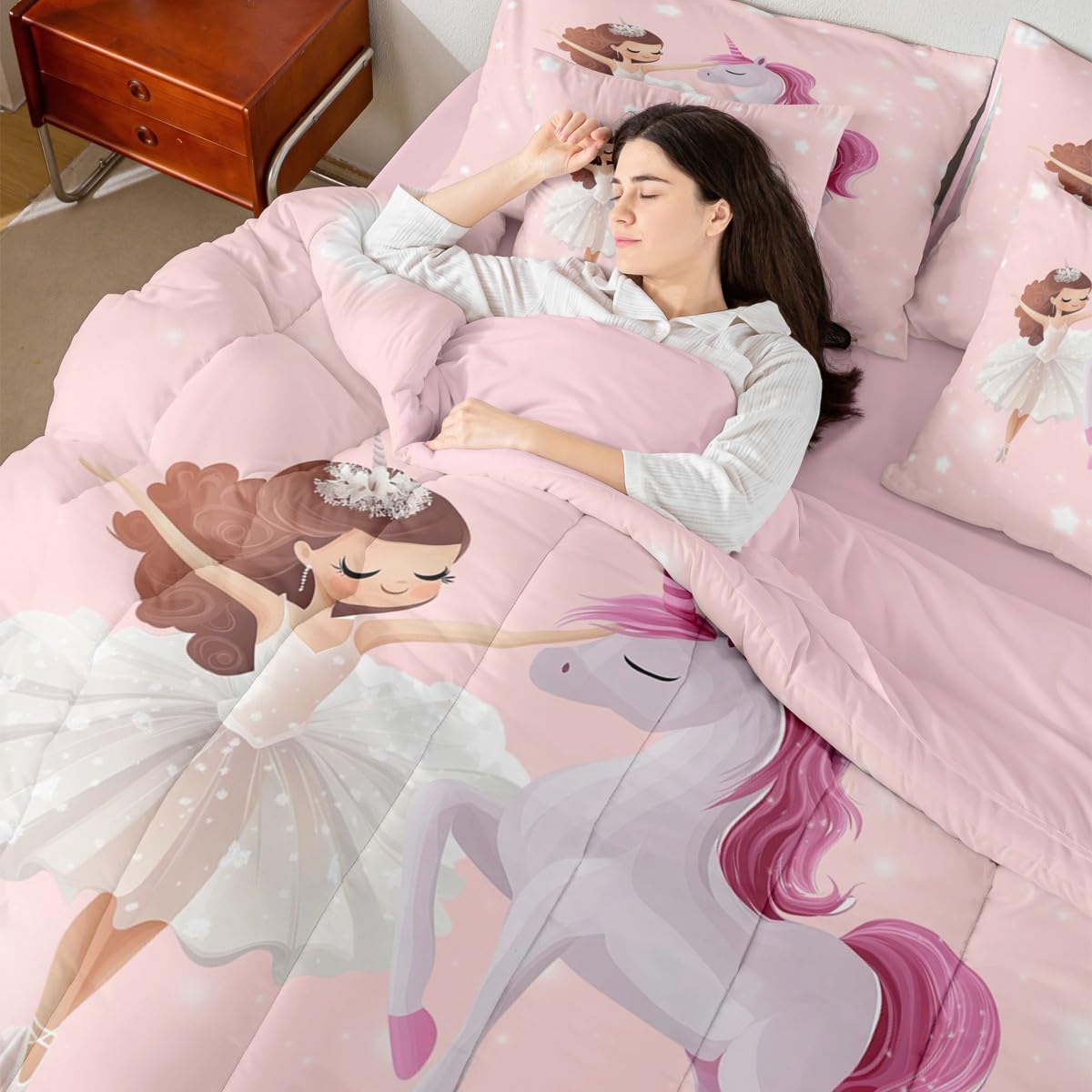 jejeloiu Love Gymnastics Girl Bed Set Dancer 7 Pieces Bedding Set for Kids Unicorn Glitter Bed in a Bag with Comforter, Sheets, Pillowcases Ultra Soft Lamp All Season Breathable Lightweight Twin Size