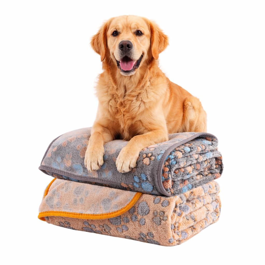 AIWEK Dog Blanket 2 Pack Soft Flannel Pet Blanket for Dogs & Cats, Cozy Puppy Blanket for Couch Bed Crate, Washable Paw Print Throw 50x60 Inch Grey&Brown