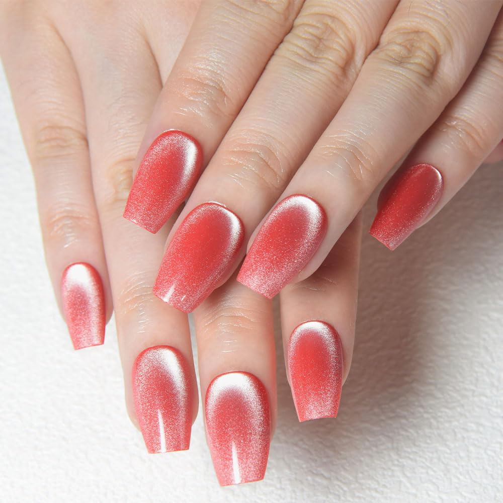 evpct No Glue Red Pink Cat Eye Coffin Press on Nails Square Medium, Medium Square Stick on Nail for Women, Red Pink Metallic Glitter Glossy Reusable Summer Soft Press on Acrylic Fake Nail with Design
