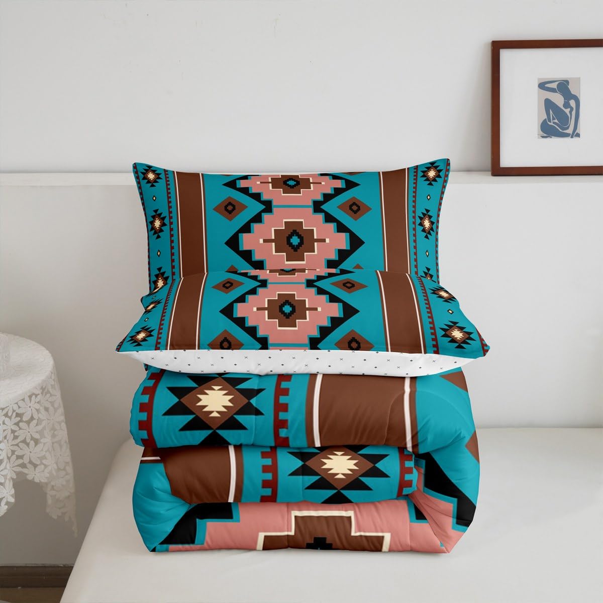 Feelyou Boho Aztec Kids Comforter Set Twin Size West Bedding Set Teel Brown Duvet Quilt for Kids Boys Girls Bedroom Western Decor Microfiber Ultra Soft Breathable