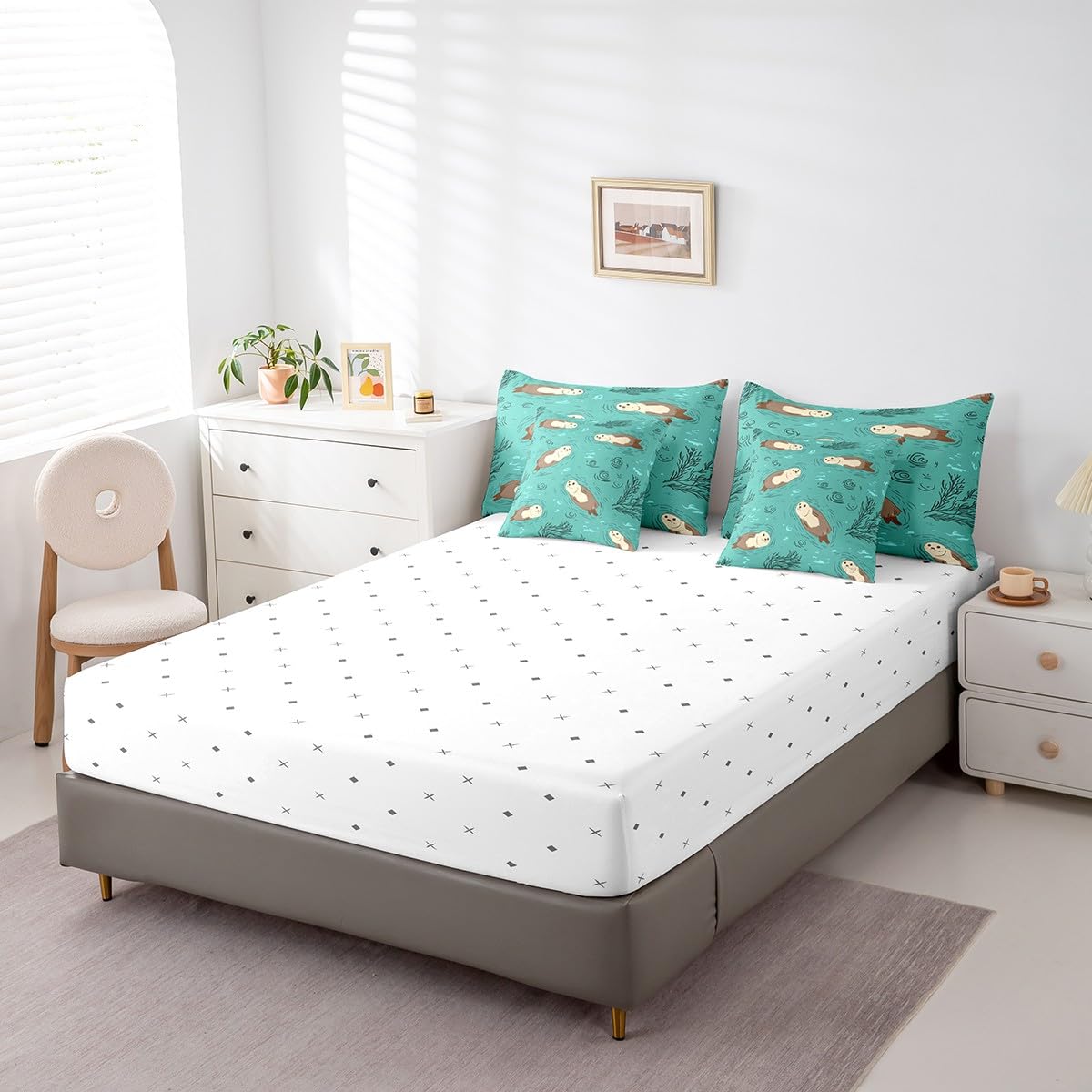 Erosebridal Otter Bedding Set for Kids Cute Ocean Animal Twin Comforter Set 7 Piece Cartoon Marine Life Bed in A Bag with Sheets for Boys Girls Blue Sea Aquatic Plants Bed Set