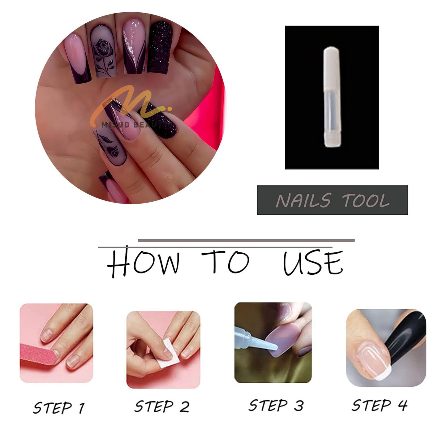 MISUD Press on Nails - Long Square Glue on Nails with Goth Black, Acrylic Gothic Rose Design 24 pcs