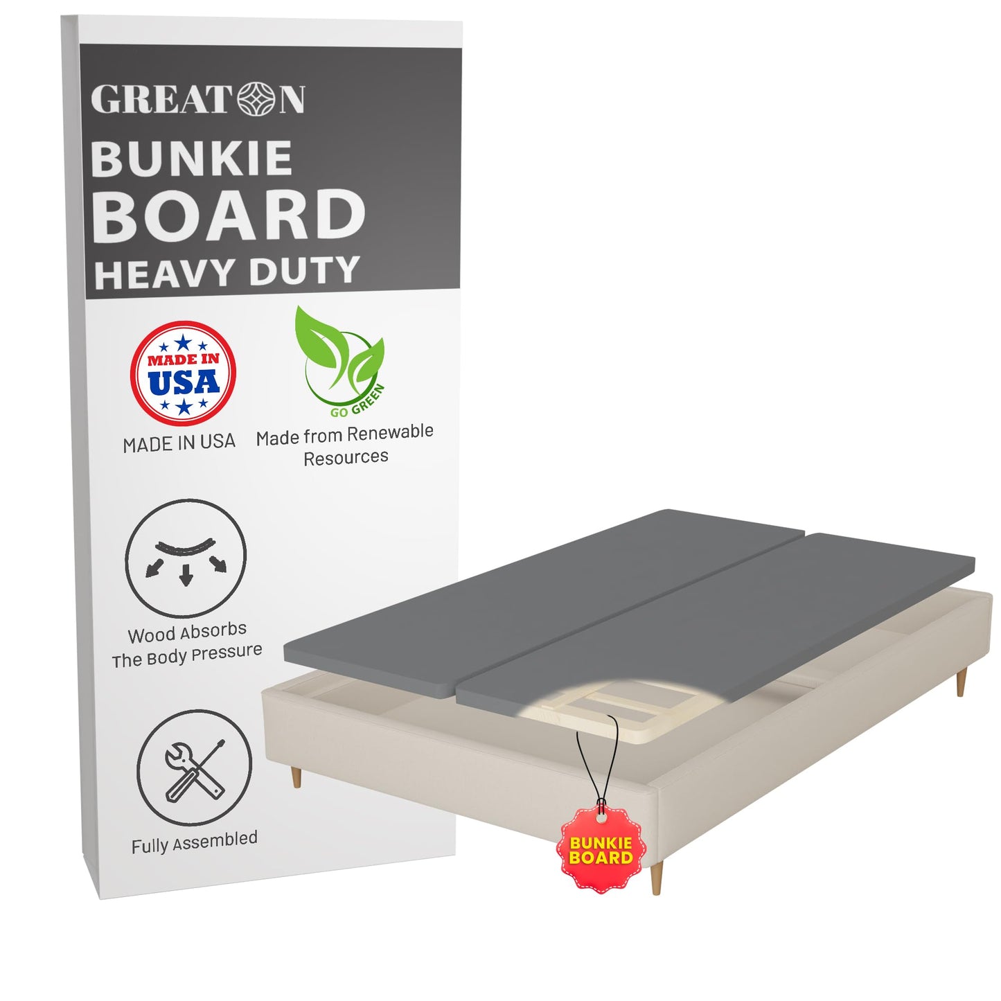 Greaton 1.5" Split Wood Bunkie Board Queen Bed - 2-Piece Under Mattress Support Board, Fully Assembled, Fabric Ventilation Cover - Replaces Wooden Slats or Box Spring for Bed Frames