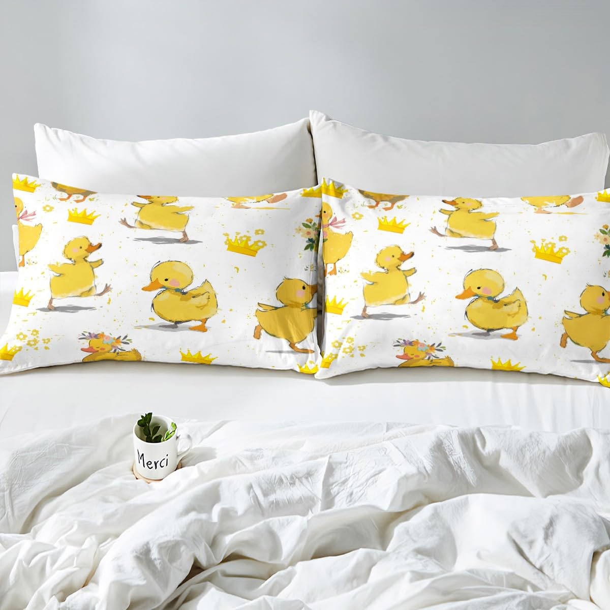 Cartoon Duck Sheet Set for Kids Boys Girls,Kawaii Duck + Crown Flowers Bed Sheets Set Full,Cute Duck Bedding Set,Lovely Farmhouse Animal Fitted Sheet + Top Sheet + 2 Pillowcases Bedroom Decor