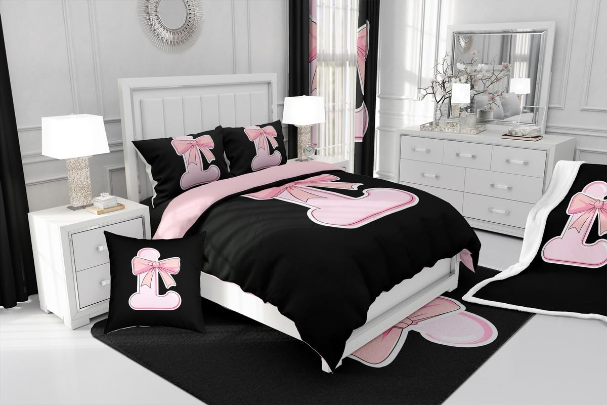 jejeloiu Kawaii Pink Bow Twin Comforter Set with Sheets,Gifts for Women Teen Girl,Personalized Initial Letter L 7 Piece Bedding Set,Soft Monogrammed Bed in a Bag with Comforter,Sheets,Pillowcases