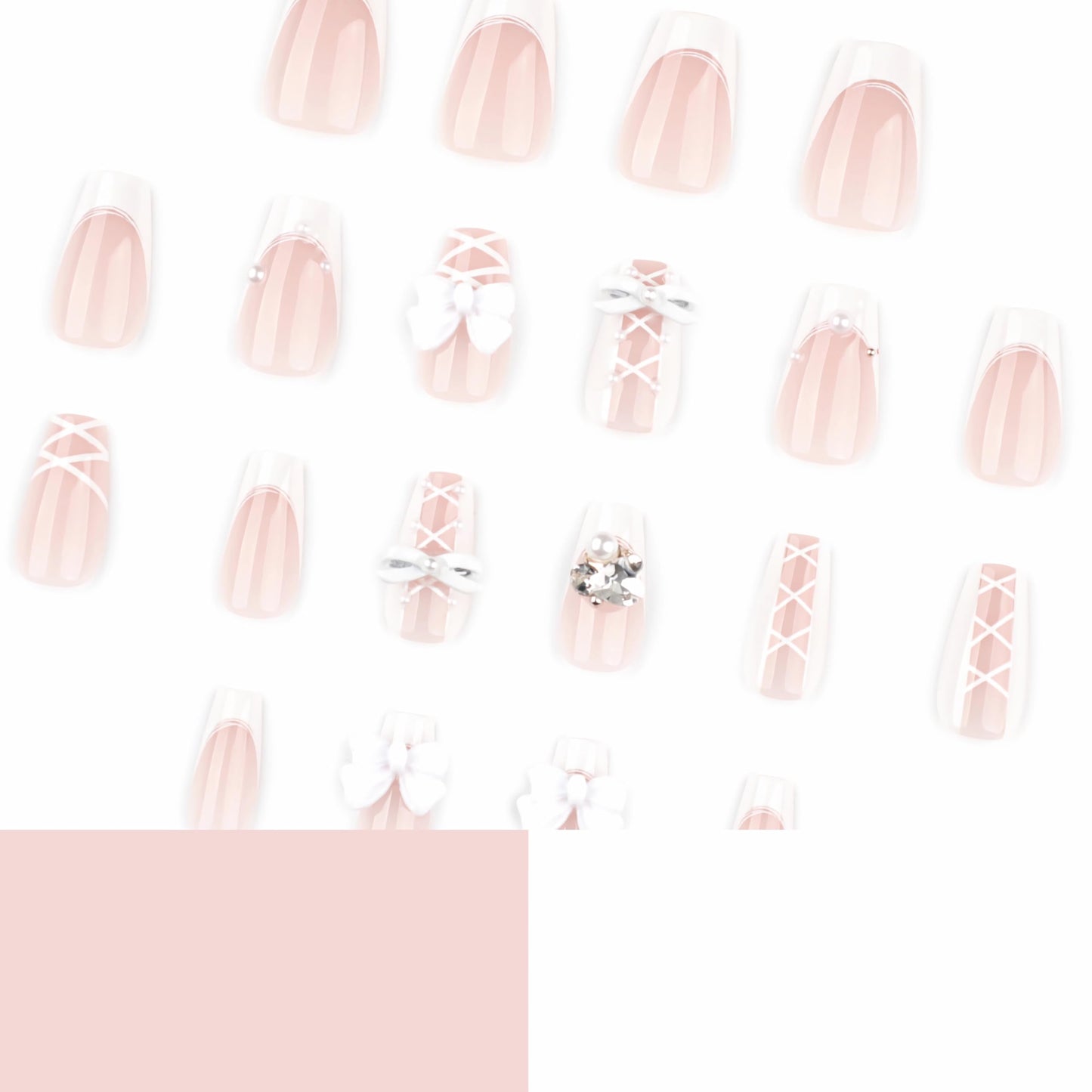 BABALAL Acrylic Press on Nails Medium Coffin Fake Nails - White French Tip, Bow Charm & Shiny Rhinestone Luxury Design, Handmade Manicure 24Pcs Full Cover False Nails