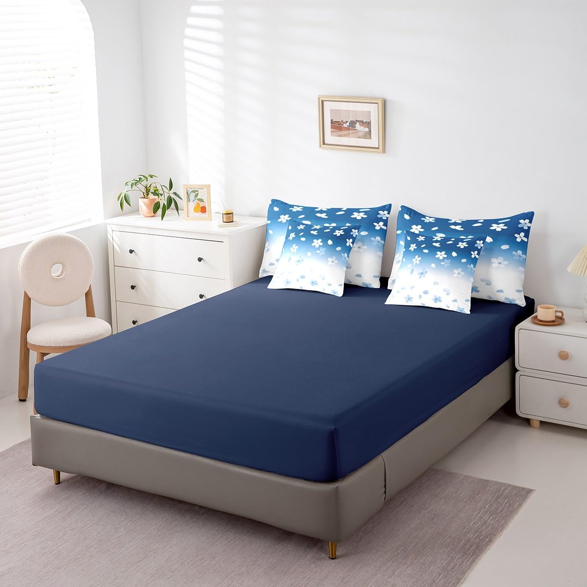 Erosebridal Blue Cherry Blossom Twin Comforter Set 7 Piece Dreamy Sakura Spring Plants Bedding Set Blue White Ombre Bed in A Bag for Kids Boys Girls,Japansese Style Botanical Theme Floral Bed Set