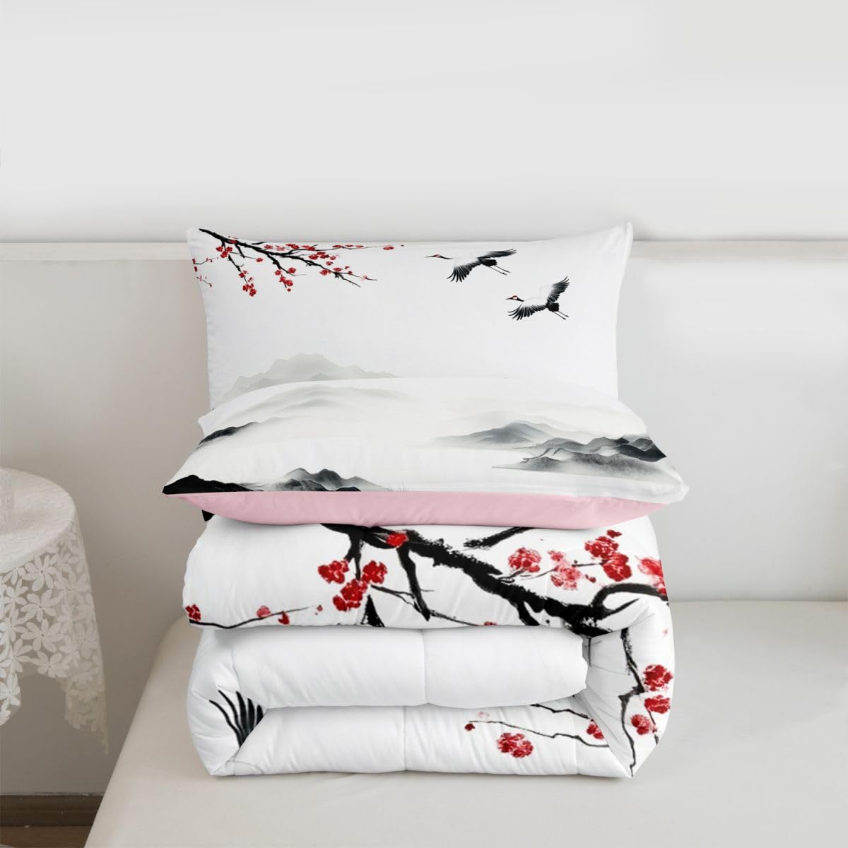 jejeloiu Chinese Ink Painting Kids Comforter Set Queen Size Japanese Style Bedding Set Cherry Blossom Duvet Quilt for Kids Boys Girls Bedroom Mountain Red Sun Decor Microfiber Ultra Soft Breathable