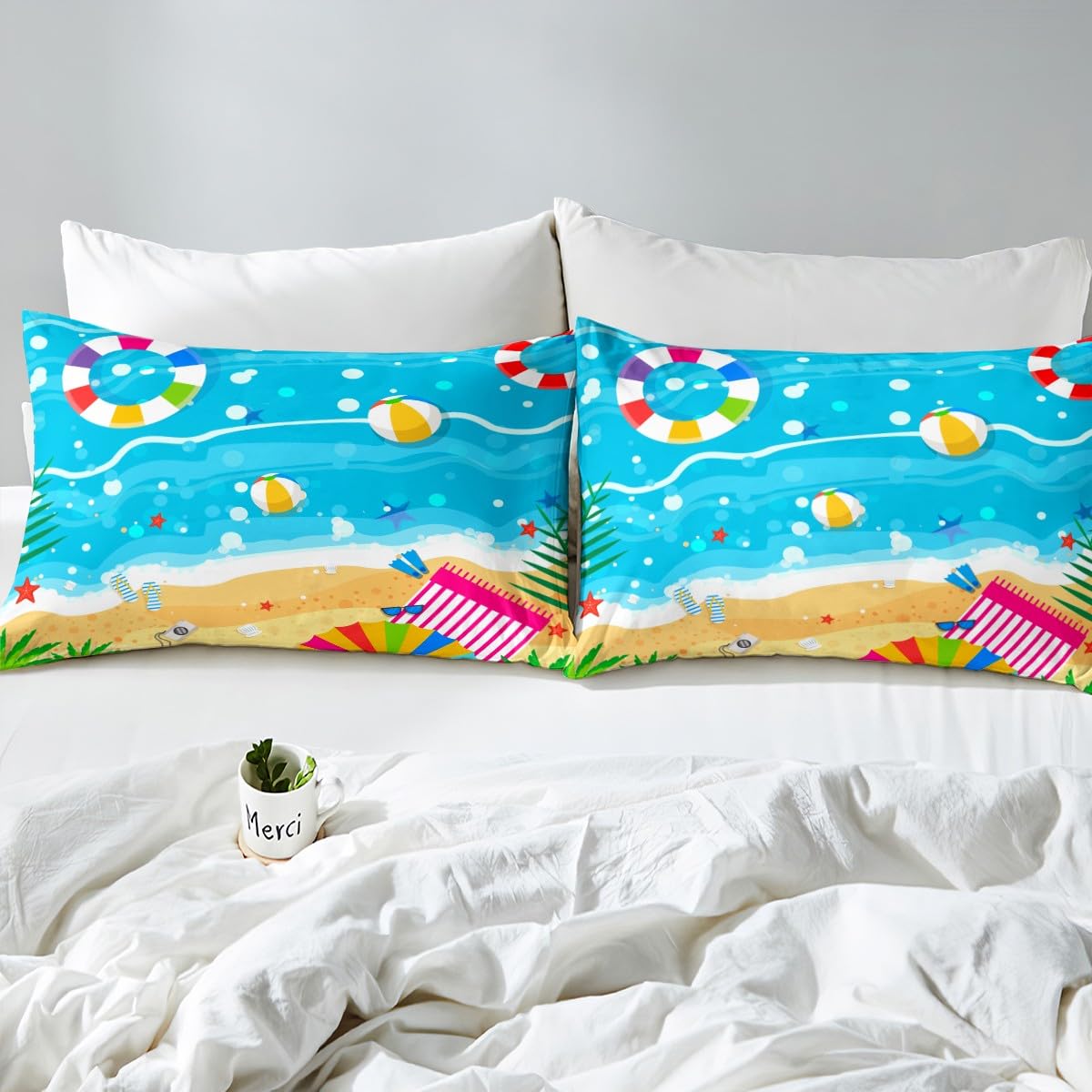 Feelyou Ocean Bed Sheet Set Twin Size Beach Coastal Shoes Fitted Sheet for Kids Boys Girls Room Decor Hawaiian Beach Bedding Set Summer Holiday Vacation Bed Cover Deep Pocket Bed Set
