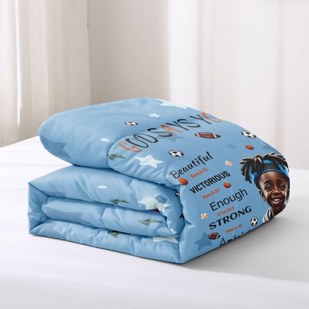 GRAT TIOC Black Comforter Set for Kids Teens Twin, Cute African American Boy Bedding, Afro Melanin God Says I Am Christian Bedroom Set 3 Pcs With 2 Pillowcases
