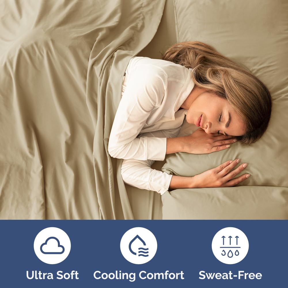 Queen Size 4 Piece Sheet Set - Comfy Breathable & Cooling Sheets - Hotel Luxury Bed Sheets for Women & Men - Deep Pockets, Easy-Fit, Extra Soft and Wrinkle Free Sheets - Beige Oeko-Tex Bed Sheet Set