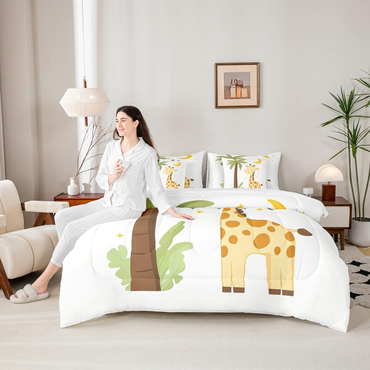 Erosebridal Kawaii Giraffe Twin Size Comforter Set with Sheets Kids | Cartoon Safari Wild Print 7-Piece Bedding Set Watercolor Green Eucalyptus Bed in a Bag African Jungle Animal Bed Quilt Sets