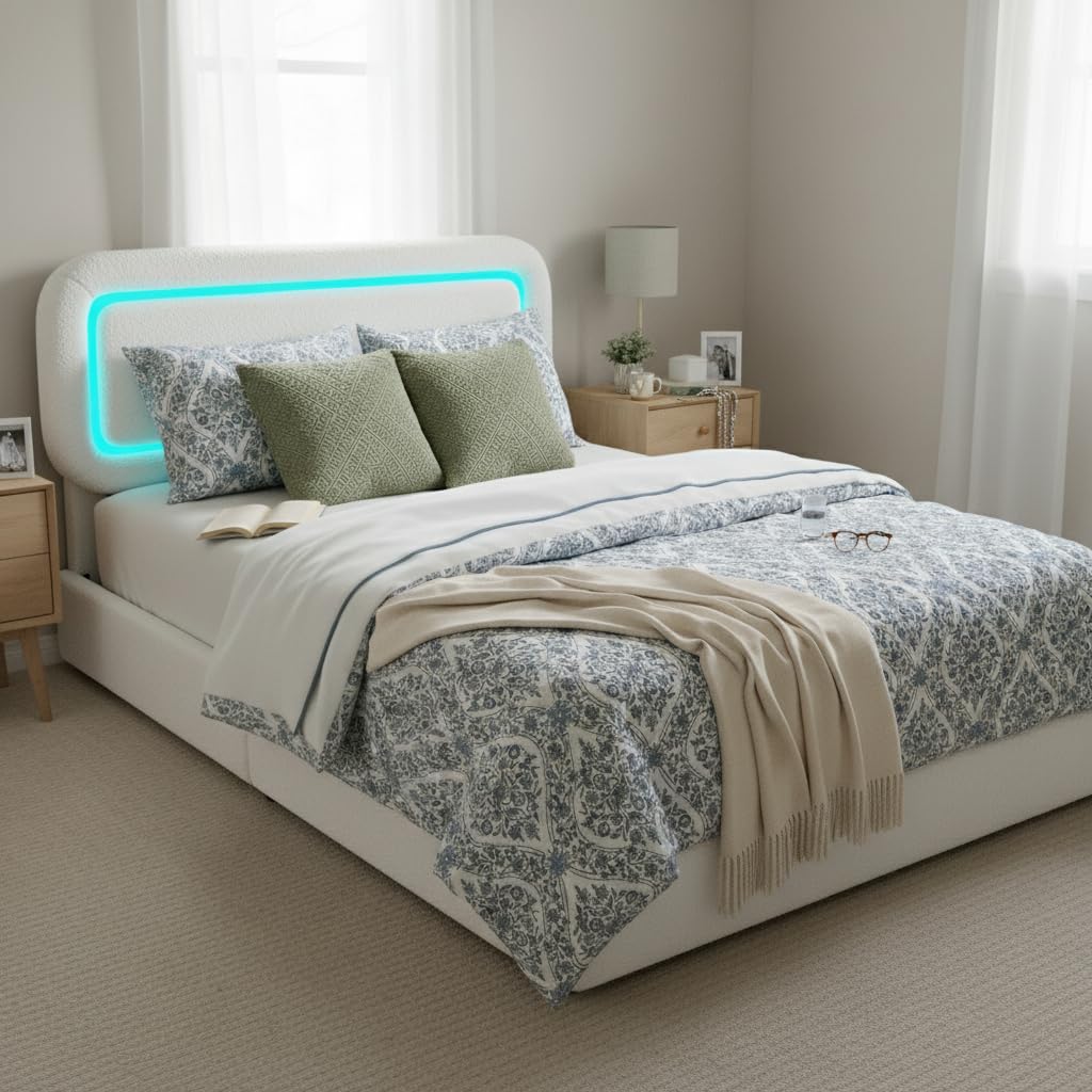 Homkdom Upholstered Full Size Bed Frame with Led Lights,Boucle Full Bed Frame,Soft Bed Frame Full with Headboard,Anti-Collision Round Corners,No Box Spring Needed,Modern,Cream White